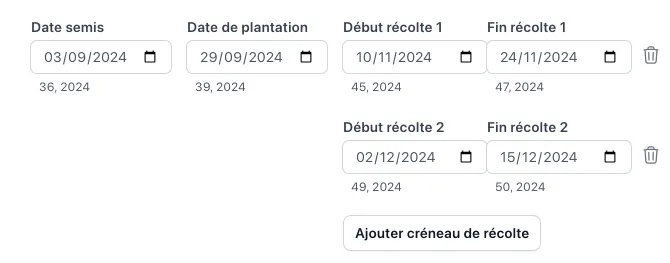 Ajout de séries, créneaux de récolte