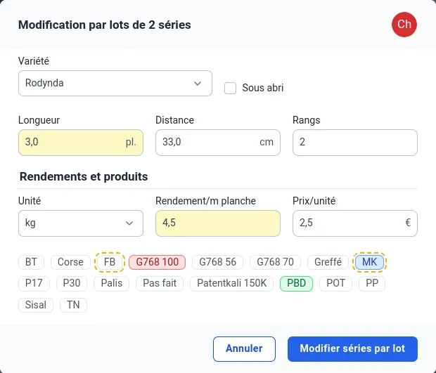 Formulaire de modification par lots, même espèce
