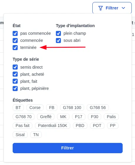 Filtre du plan de culture, afficher série terminées