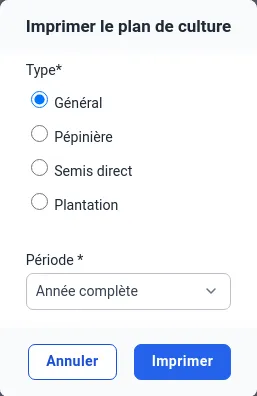 Formulaire d'impression du plan de culture