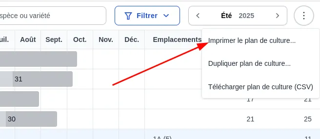 Menu du plan de culture, bouton imprimer plan de culture