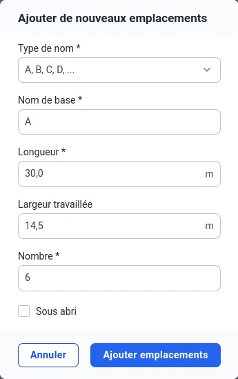 Formulaire d'ajout d'emplacements