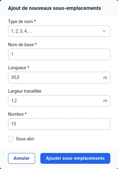 Formulaire d'ajout de sous-emplacements