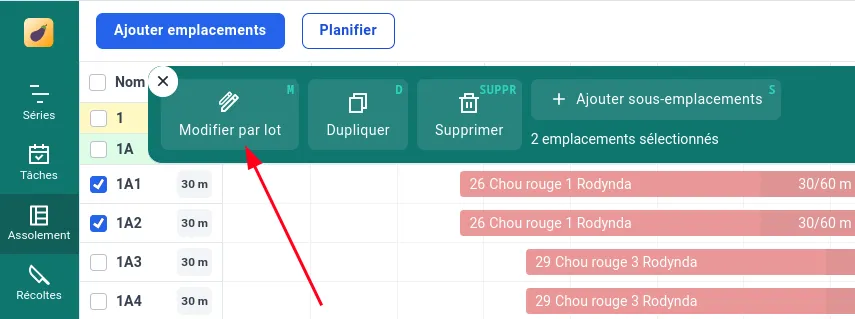 Barre d'action, bouton modifier emplacements par lots