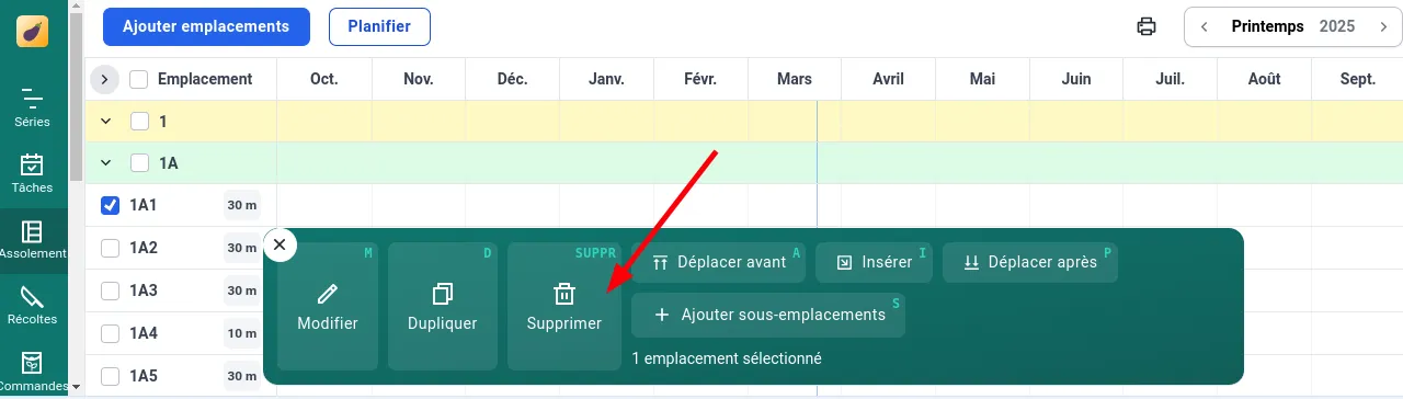 Barre d'action, bouton supprimer emplacement