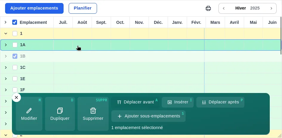 Barre d'action, boutons de déplacement