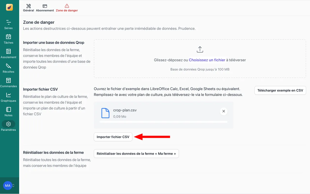 Bouton Importer fichier CSV