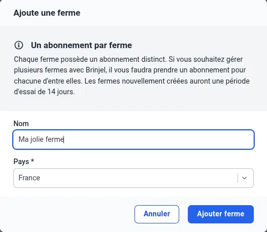 Formulaire de création de ferme