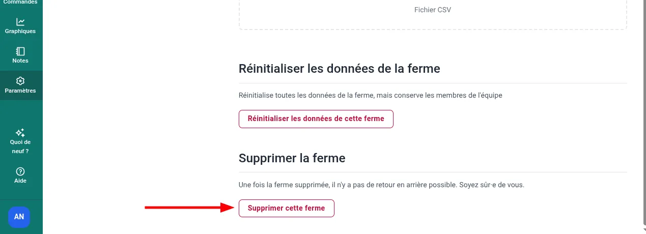 Bouton de suppression d'une ferme