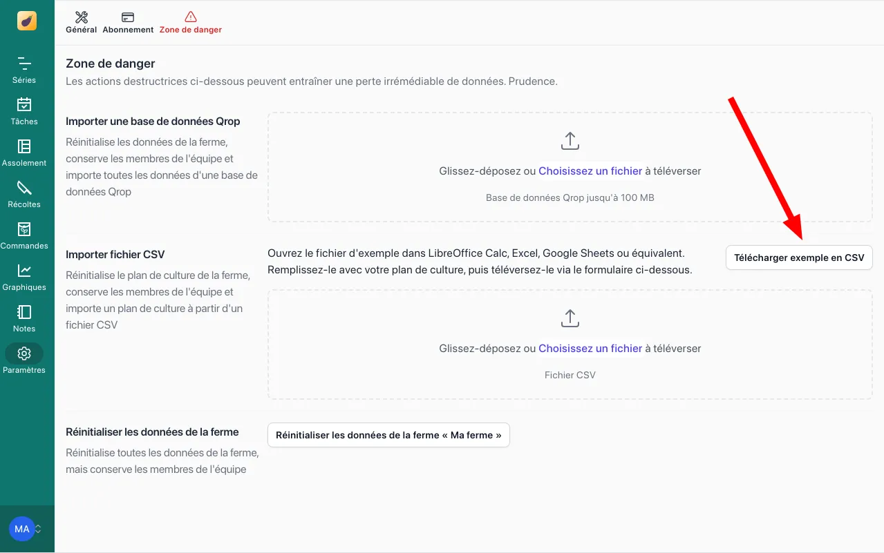 Bouton télécharger exemple en CSV