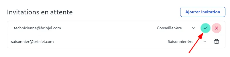 Membres de l&#x27;équipe, ajout d&#x27;une invitation