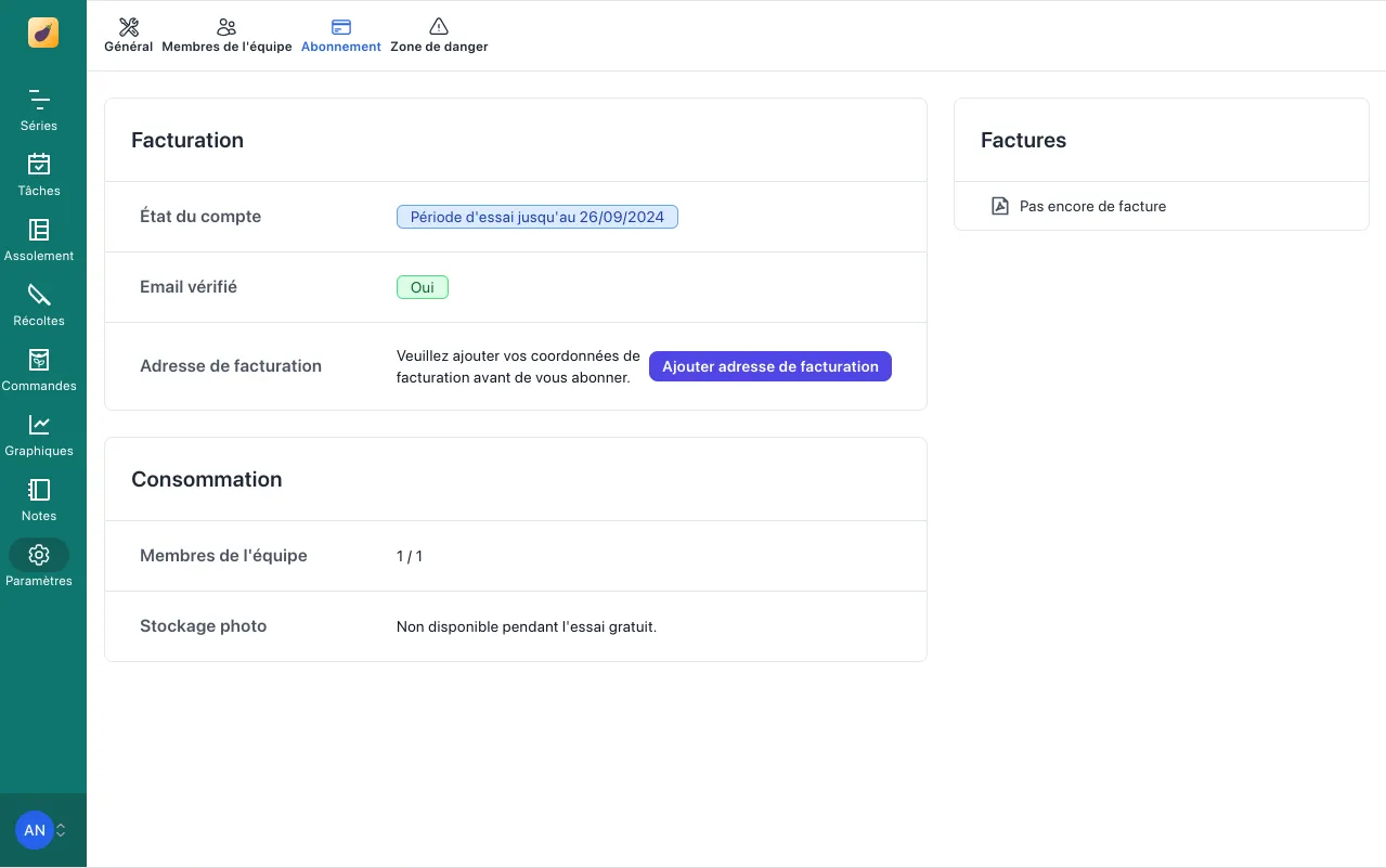 Abonnement, bouton ajouter coordonnées de facturation