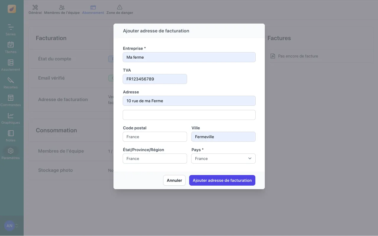 Abonnement, saisie des coordonnées de facturation
