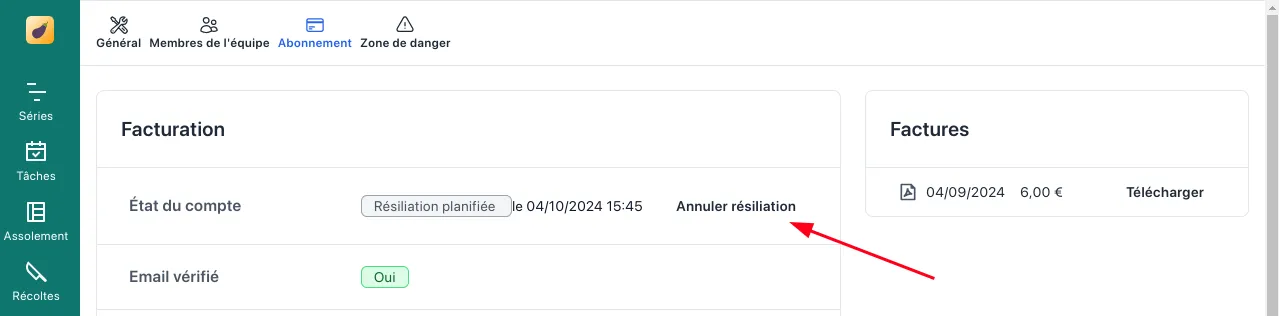 Abonnement, bouton Annuler résiliation