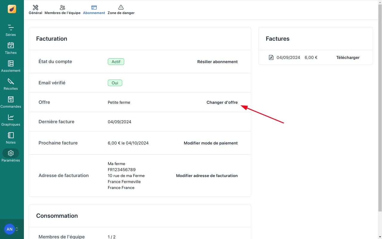 Abonnement, bouton Changer d'offre