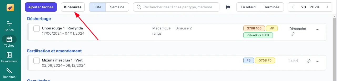 Calendrier des tâches, bouton Itinéraires