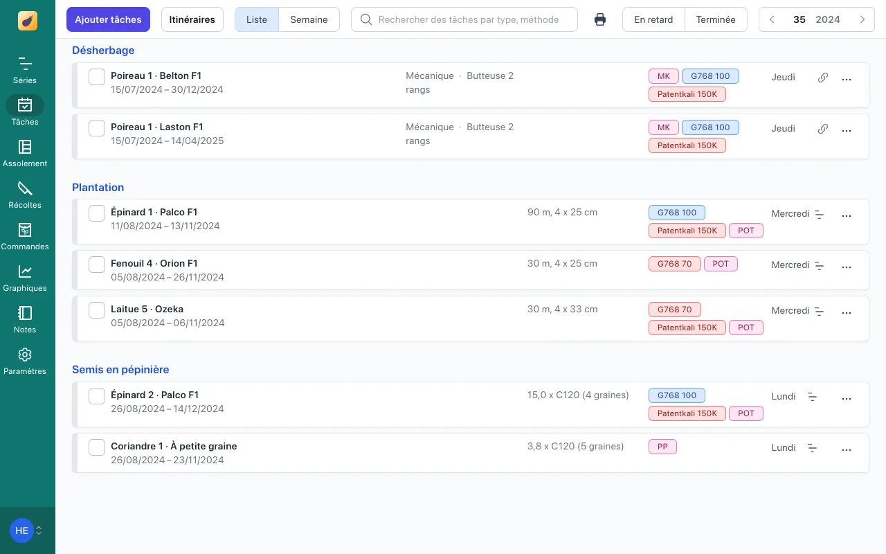 Calendrier des tâches sous forme de liste