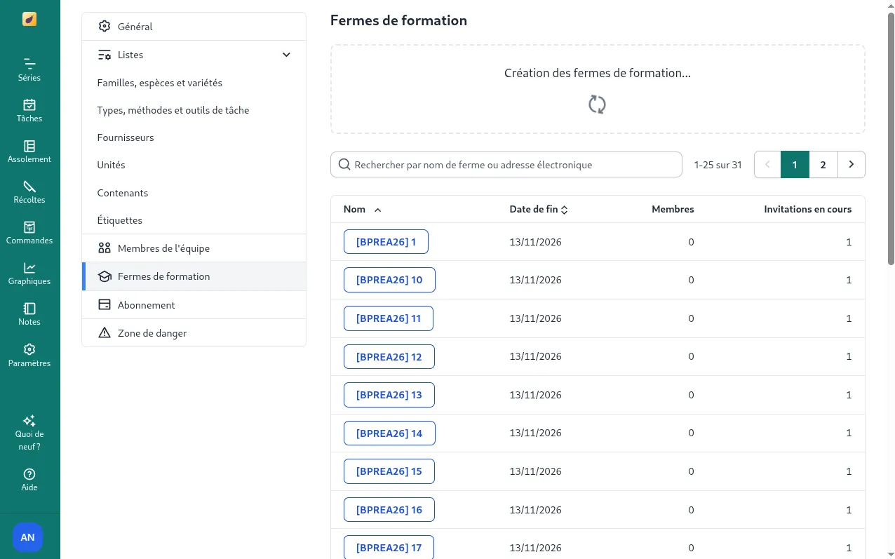 Message de création en cours des fermes de formation
