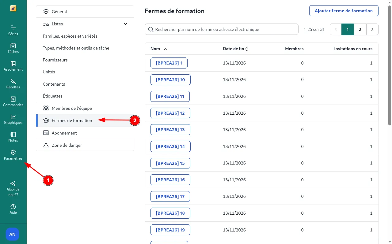 Accès à la page de gestion des centres de formation